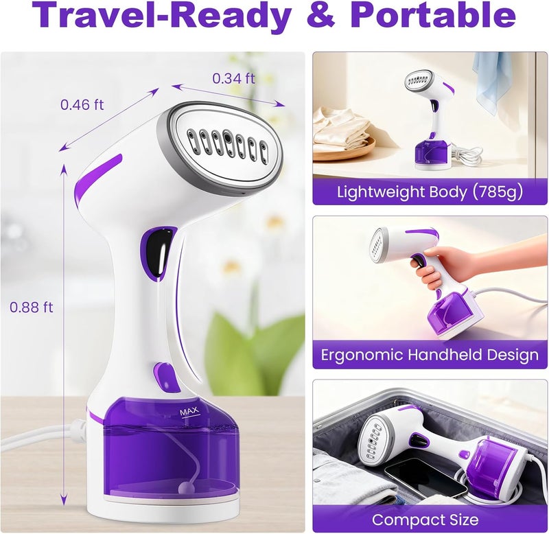 DBC Steamer for Clothes 1500W, 20S Fast Heat-up Portable Handheld Steamer for Clothes, 2 in 1 Fabric Wrinkle Remover with Fabric Brush, 250ml Water Tank, Ideal for Home, Office, Travel, Purple - Image 4